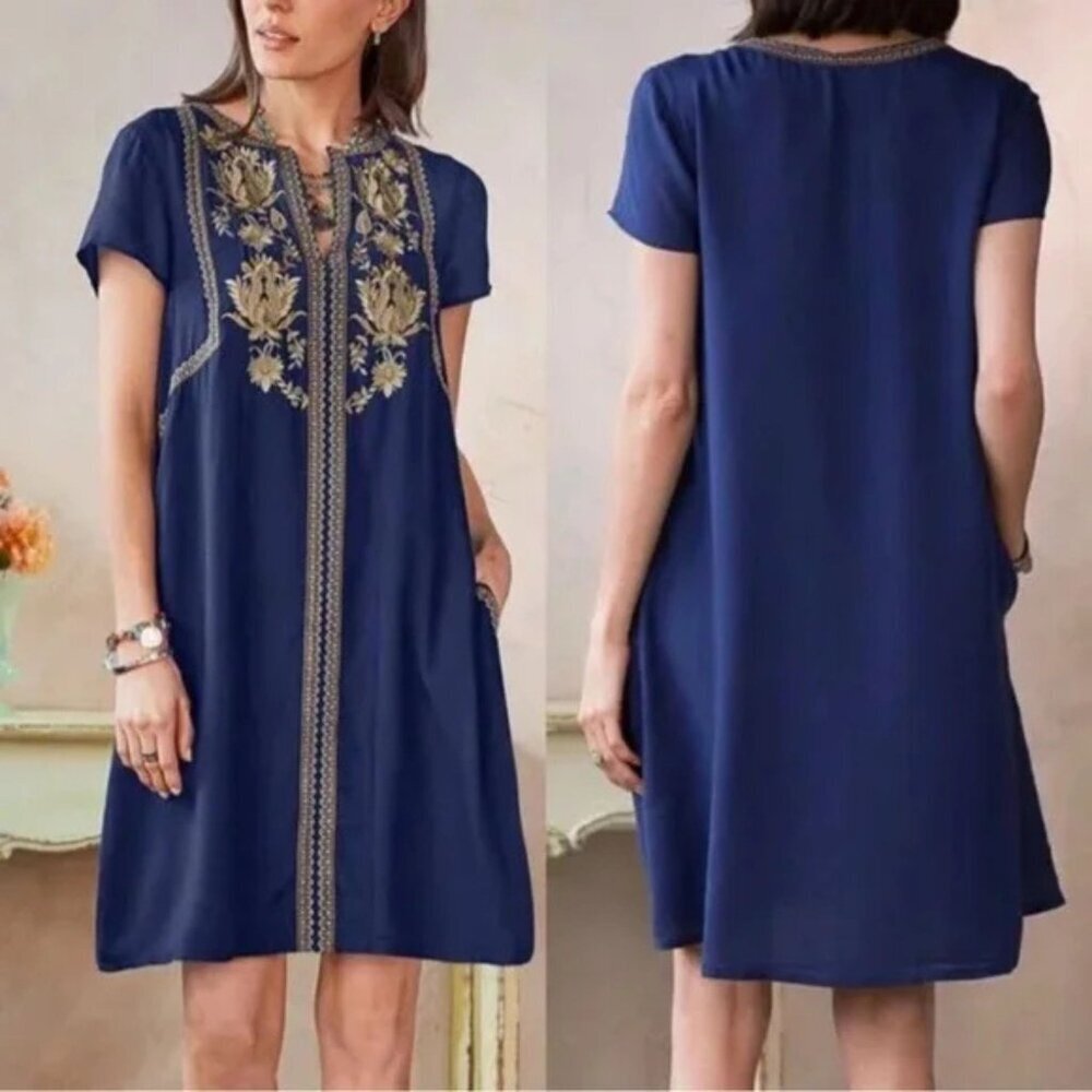Sundance Venezia Navy and Gold Embroidered V-neck Mini Dress Small 41648